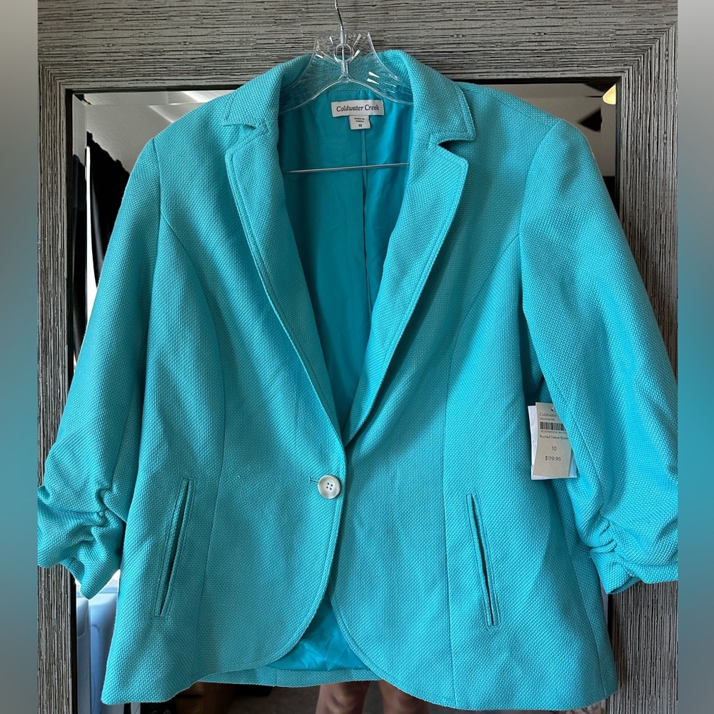 NWT Coldwater Creek Aqua Blazer with Ruched Sleeves